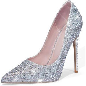 NEW Sparkling Bling Swarovski Crystal Cinderella Wedding Shoes Pumps Sil…